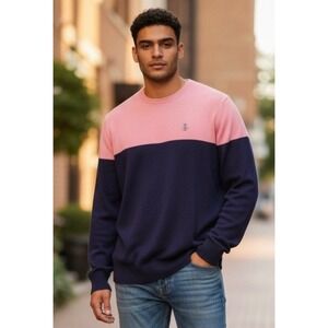 Original Penguin Mens Colorblock Sweater Pink Navy Merino Wool Blend Large